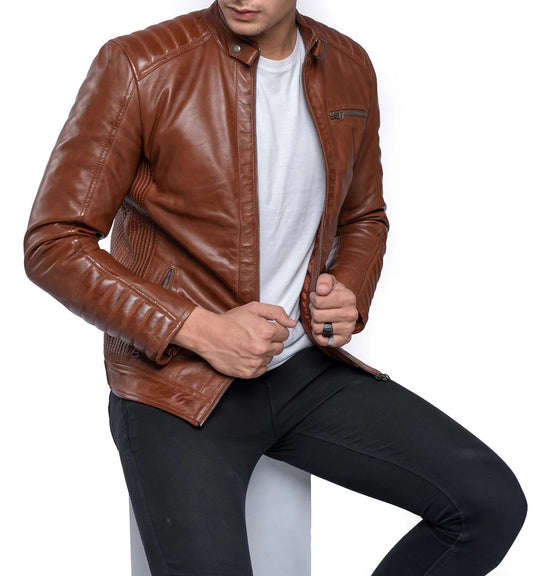 Men’s Real Lamb Leather CAFE Racer Jacket, Bikers Jacket