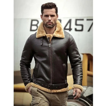 2019 New Shearling Coat Mens Black B3 Bomber Jacket Leather