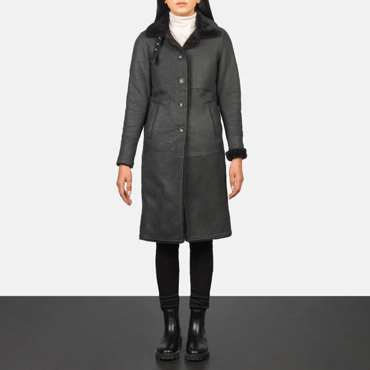 Alina Shearling Black Leather Coat