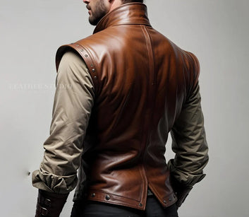 Custom Brown Leather Cosplay Vest for Men, Men's Designer Brown