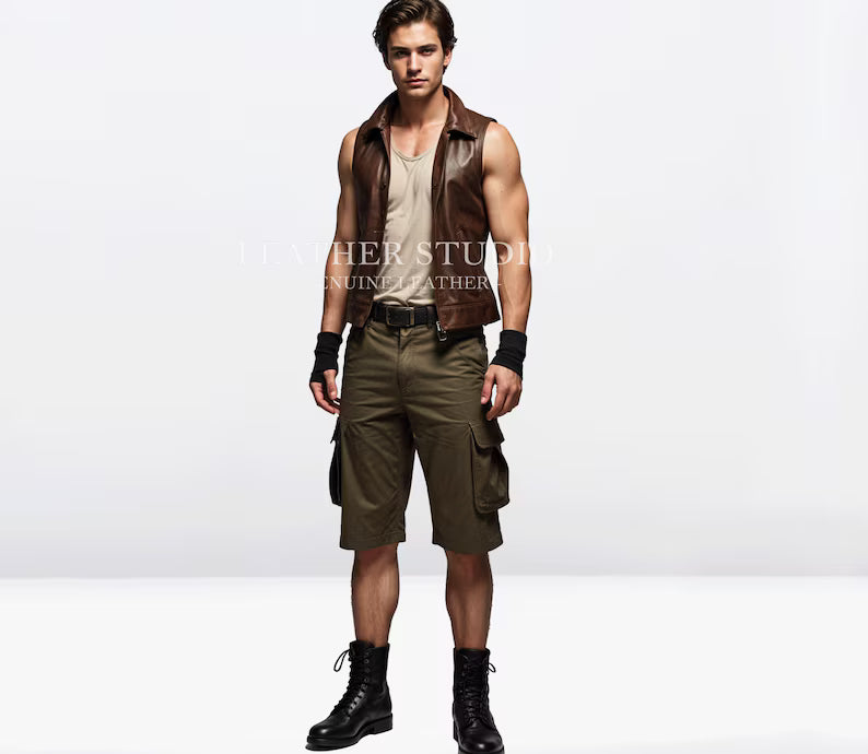 100% Real Brown Leather Biker Vest For Men