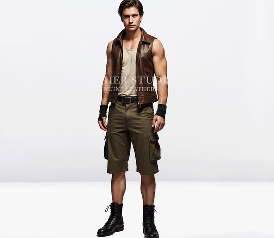 100% Real Brown Leather Biker Vest For Men
