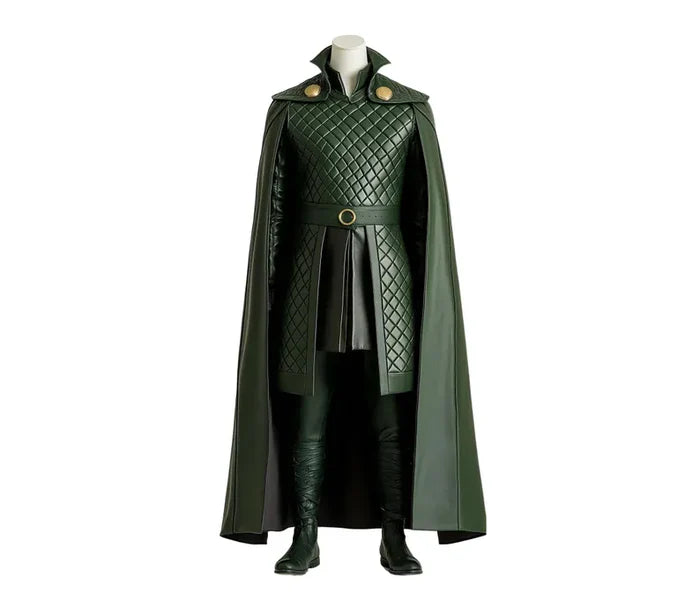The Trickster King - Genuine Green Leather Loki Odin Cosplay Costume - Leather Superhero Quilted Cloak