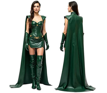 The Enchantress of Fate - Pure Green Leather Female Loki Odin Inspired Costume - Leather Superhero Cloak