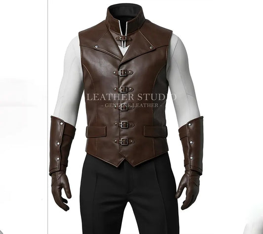 Handmade Brown Leather Cosplay Vest for Men