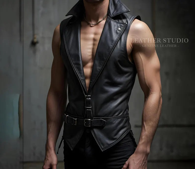 Handmade Black Leather Cosplay Vest for Men Real Acestations Leather