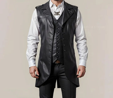 Handmade Black Leather Double Long Vest for Men Unique Layered