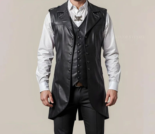 Handmade Black Leather Double Long Vest for Men Unique Layered