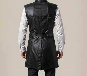 Handmade Black Leather Double Long Vest for Men Unique Layered
