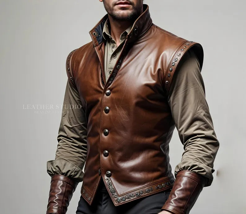 Custom Brown Leather Cosplay Vest for Men, Men's Designer Brown