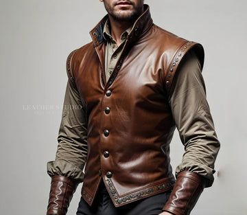 Custom Brown Leather Cosplay Vest for Men, Men's Designer Brown