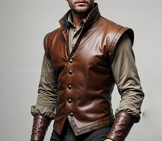 Custom Brown Leather Cosplay Vest for Men, Men's Designer Brown