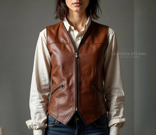 Custom Brown Leather Cosplay Vest for Women
