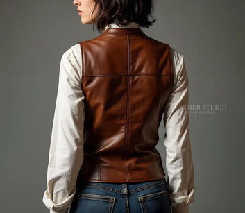 Custom Brown Leather Cosplay Vest for Women