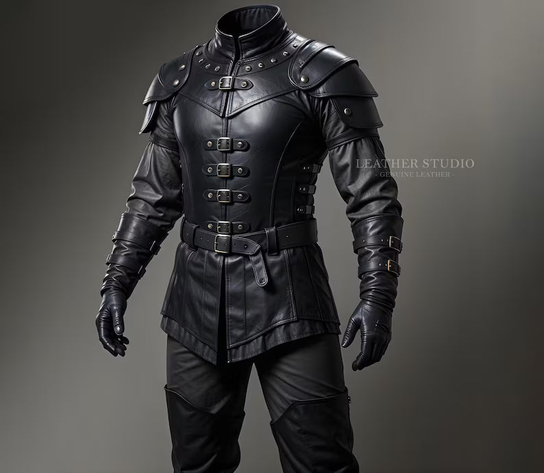 Custom Black Leather Medieval Armor Vest Men's Warrior Vest Shoulder Armor