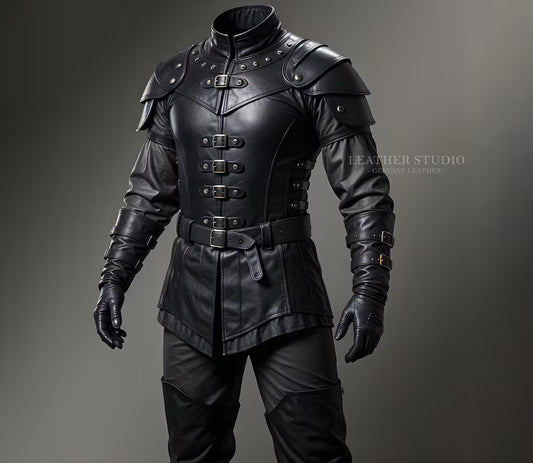 Custom Black Leather Medieval Armor Vest Men's Warrior Vest Shoulder Armor