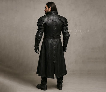 Custom Made Black Leather Steampunk Armor Coat for Men Gothic
