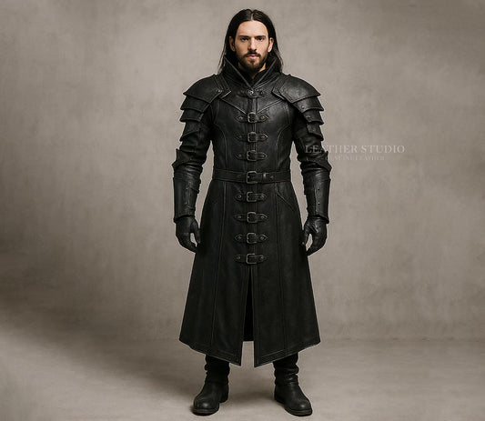 Custom Made Black Leather Steampunk Armor Coat for Men Gothic