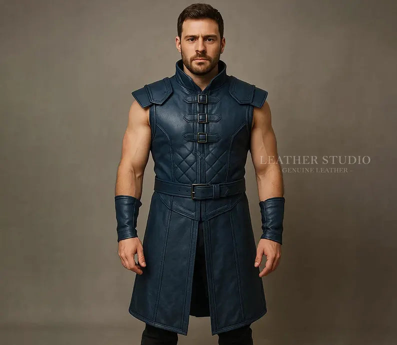 Blue Acestations Leather Warrior Vest Custom Handmade Cosplay