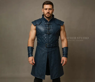 Blue Acestations Leather Warrior Vest Custom Handmade Cosplay