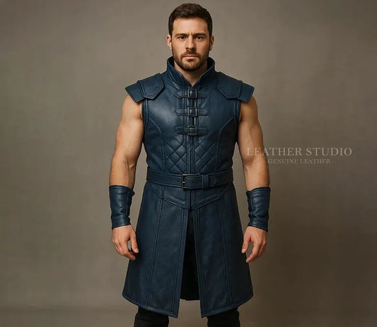 Blue Acestations Leather Warrior Vest Custom Handmade Cosplay