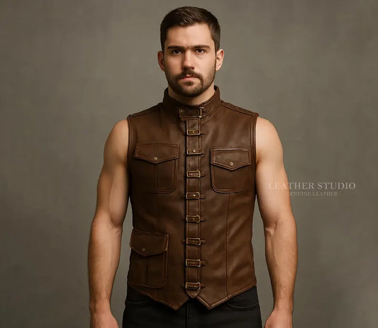 Genuine Brown Leather Steampunk Vest