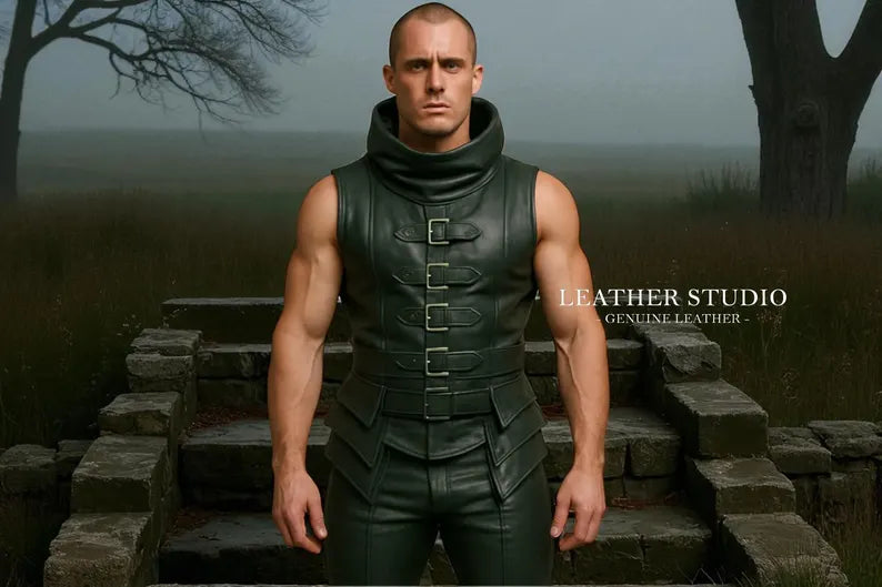 Sleeveless Green Leather High-Collar Vest Set