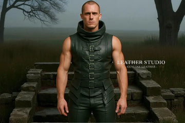 Sleeveless Green Leather High-Collar Vest Set
