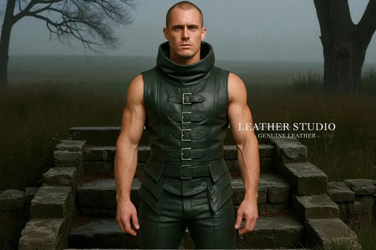Sleeveless Green Leather High-Collar Vest Set