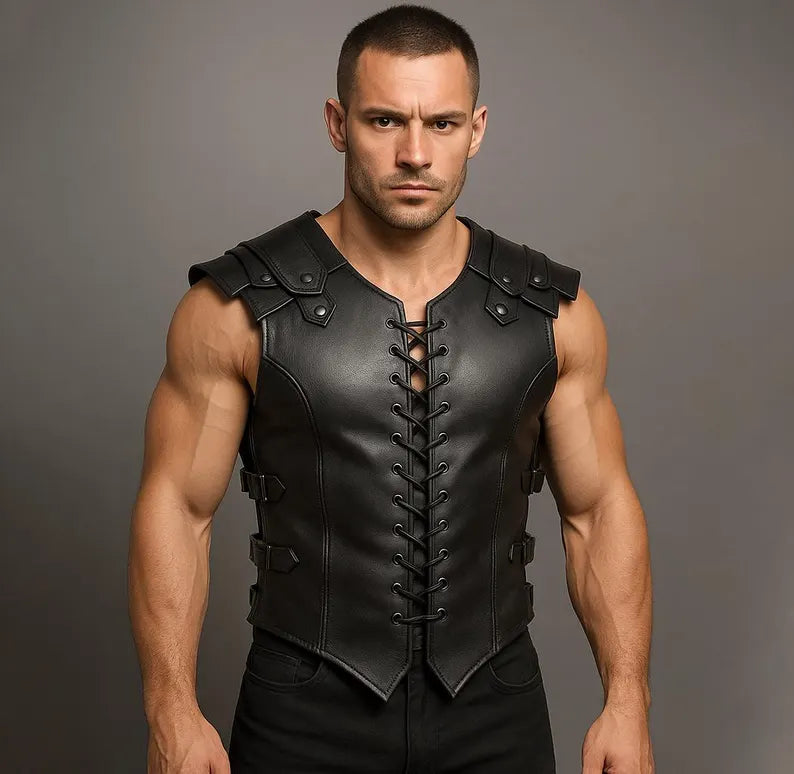 Men’s Black Gladiator Leather Vest Warrior Armor Corset Style Vest Gothic