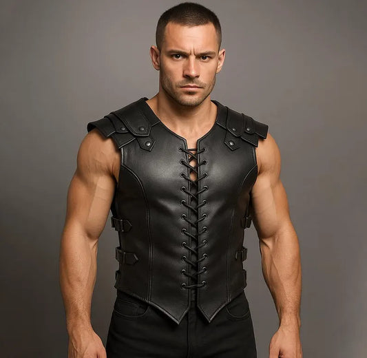 Men’s Black Gladiator Leather Vest Warrior Armor Corset Style Vest Gothic