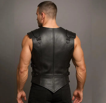 Men’s Black Gladiator Leather Vest Warrior Armor Corset Style Vest Gothic