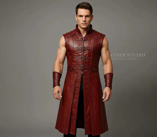 Red Leather Warrior Vest Handmade Fantasy Cosplay Tunic Custom
