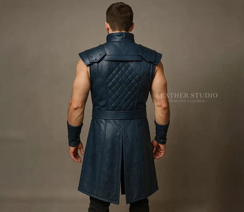 Blue Acestations Leather Warrior Vest Custom Handmade Cosplay