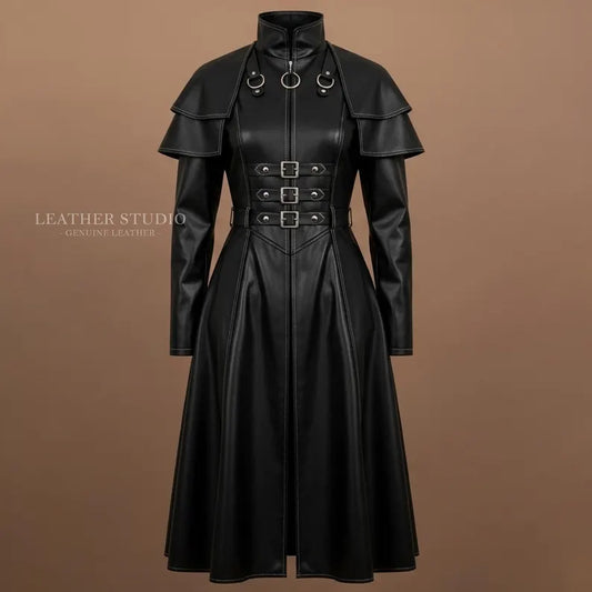 Women's Genuine Leather Gothic Trench Coat