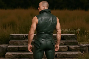 Sleeveless Green Leather High-Collar Vest Set