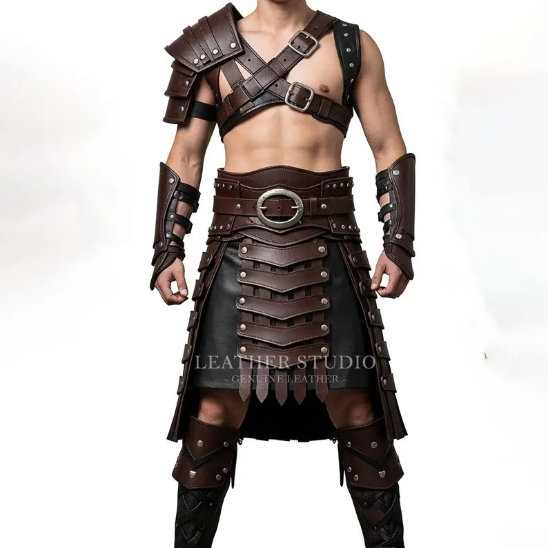 Men’s Brown Leather Kilt Armor Set | Gladiator Warrior Barbarian Outfit