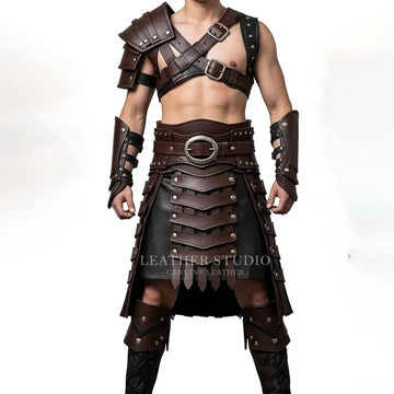 Men’s Brown Leather Kilt Armor Set | Gladiator Warrior Barbarian Outfit