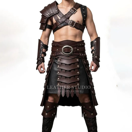 Men’s Brown Leather Kilt Armor Set | Gladiator Warrior Barbarian Outfit