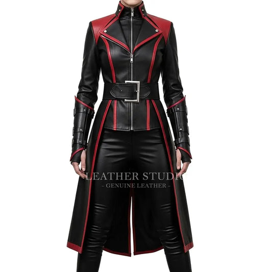 Handmade Women’s Black & Red Leather Coat
