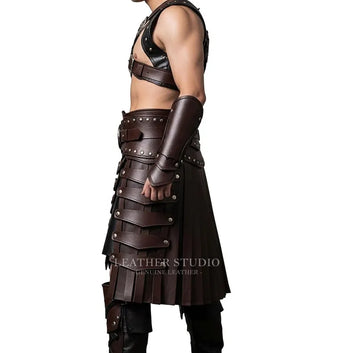 Men’s Brown Leather Kilt Armor Set | Gladiator Warrior Barbarian Outfit