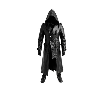 The Creed Hood - Handmade Black Leather Creed Hooded Coat For Cosplay - Long Gothic Trench Coat with Hood