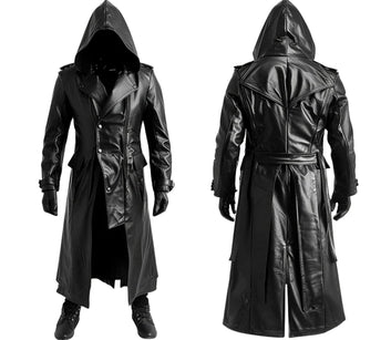 The Creed Hood - Handmade Black Leather Creed Hooded Coat For Cosplay - Long Gothic Trench Coat with Hood